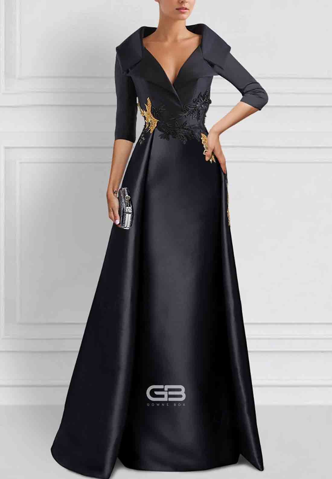 Vintage A-Line Embroidered 3/4 Sleeve Evening Gown Satin Tuxedo Dress with Appliques