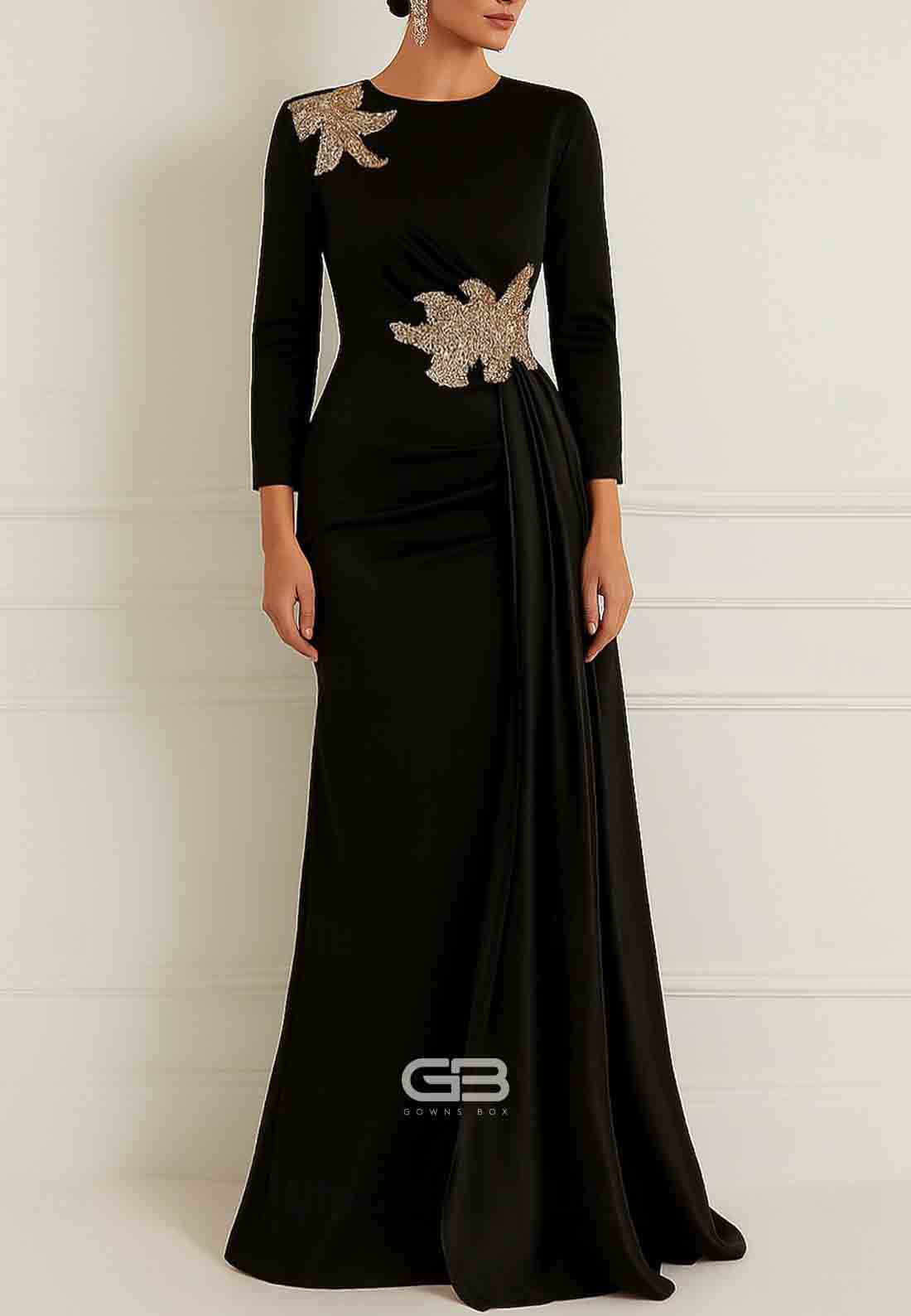 3/4 Sleeve Scoop Side Draping Black Tie Column Trumpet Evening Gowns