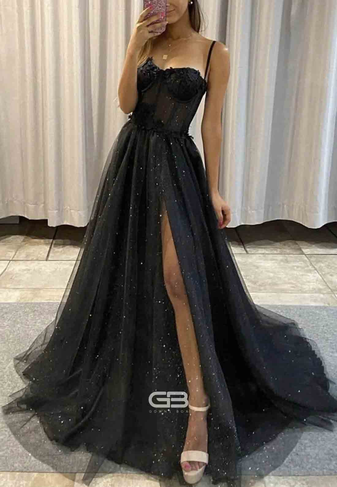 Glitter Low Back Spaghetti Straps Sweep Train A-Line High Slit Prom Dresses 