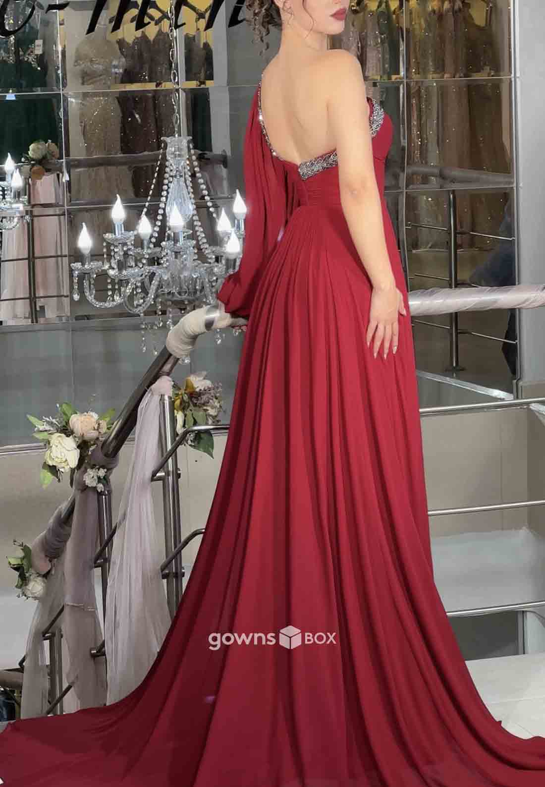 One Shoulder A-Line High Slit Pleated Floor-Length Ruched Formal Gowns-GownsBox