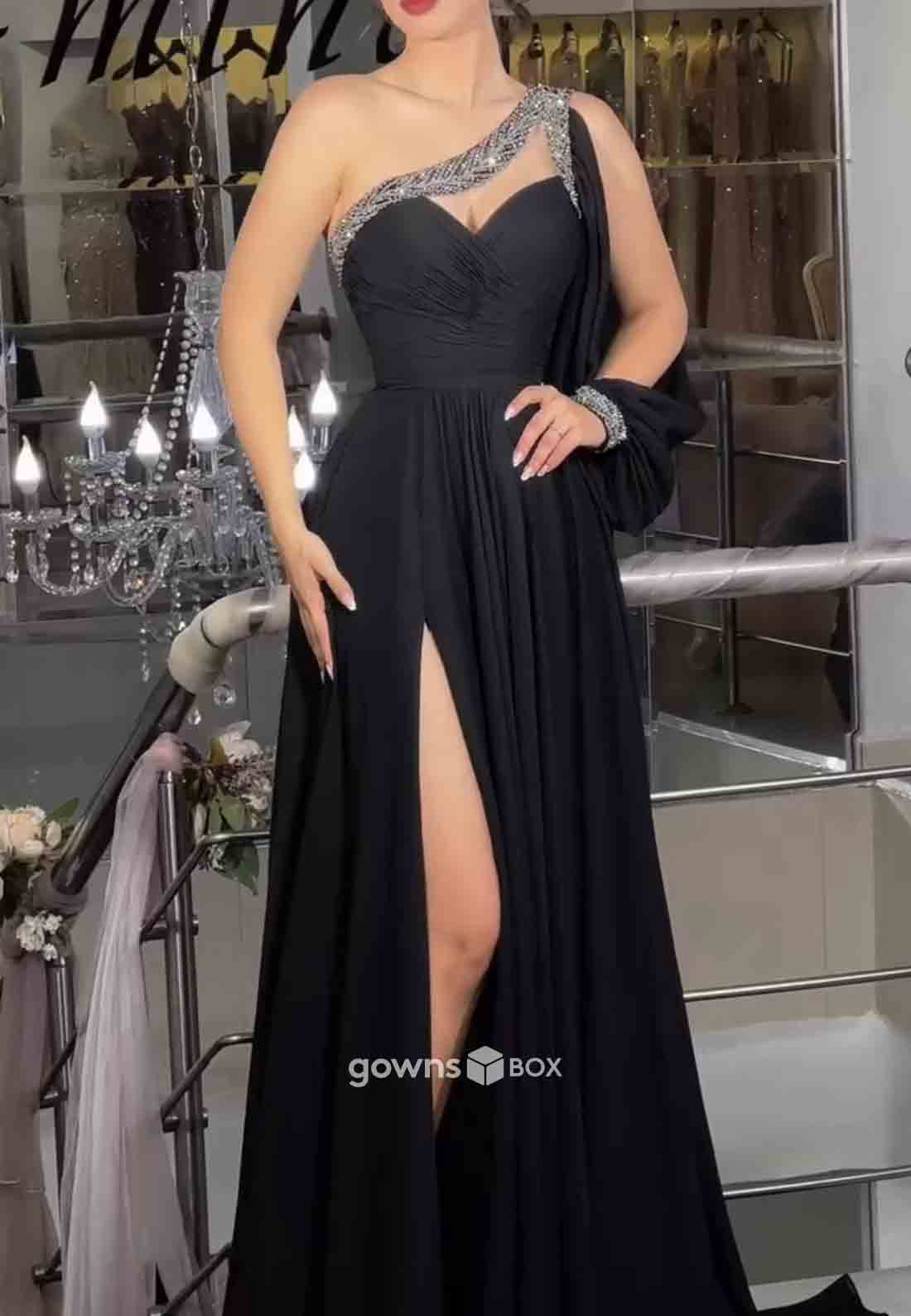 One Shoulder A-Line High Slit Pleated Floor-Length Ruched Formal Gowns-GownsBox