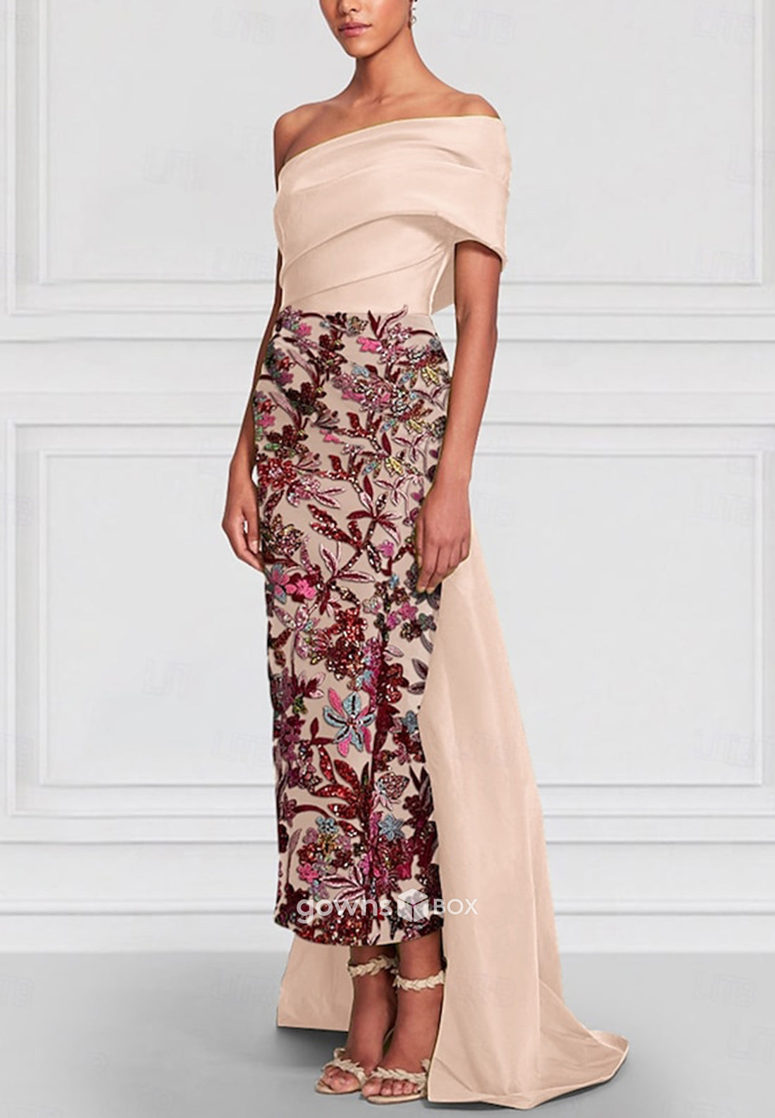 Off-Shoulder Beading Detachable Asymmetrical Pleated Column Mother of the Bride Dresses-GownsBox