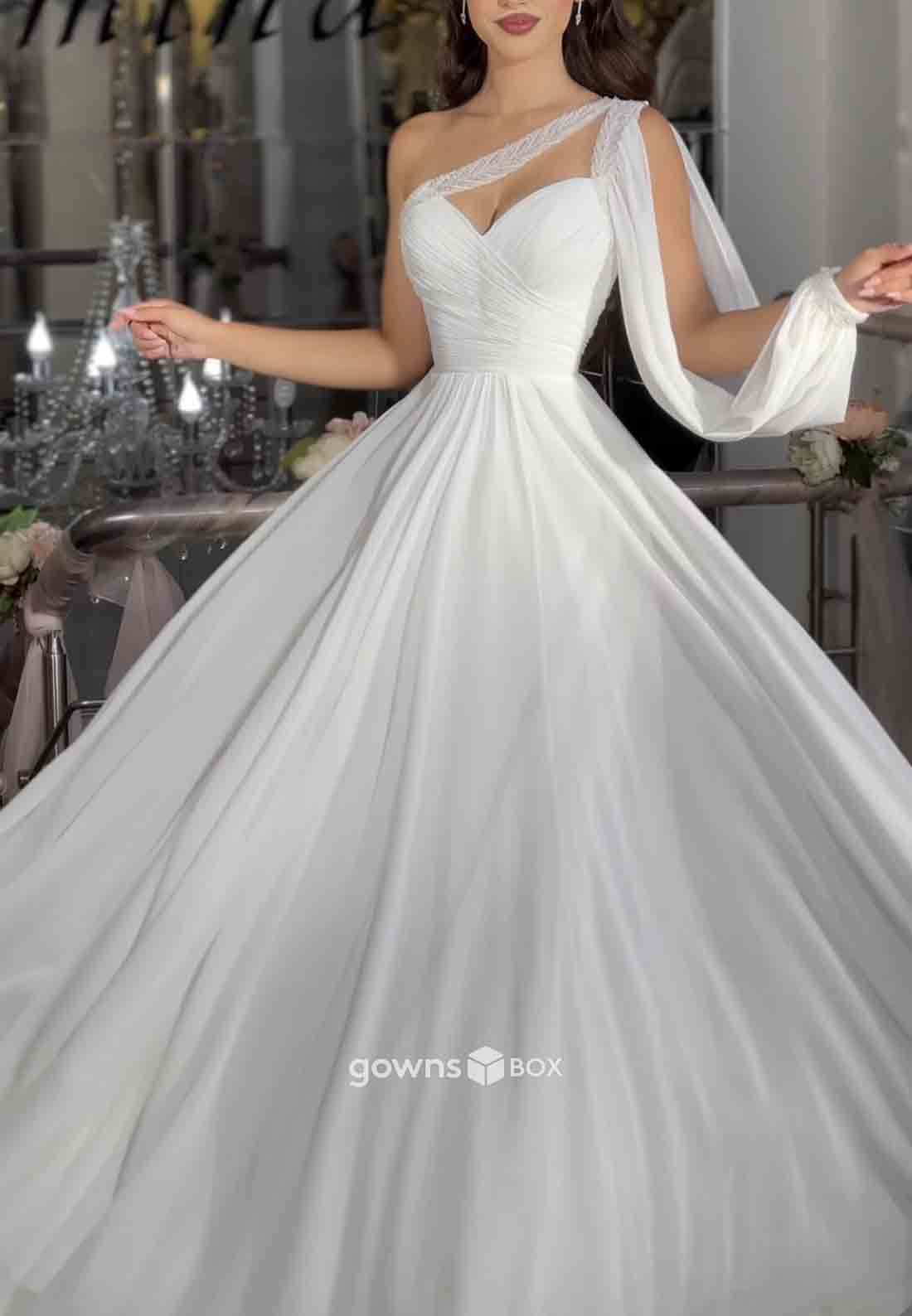 One Shoulder A-Line High Slit Pleated Floor-Length Ruched Formal Gowns-GownsBox