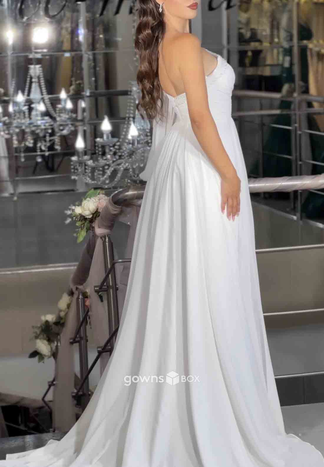 One Shoulder A-Line High Slit Pleated Floor-Length Ruched Formal Gowns-GownsBox