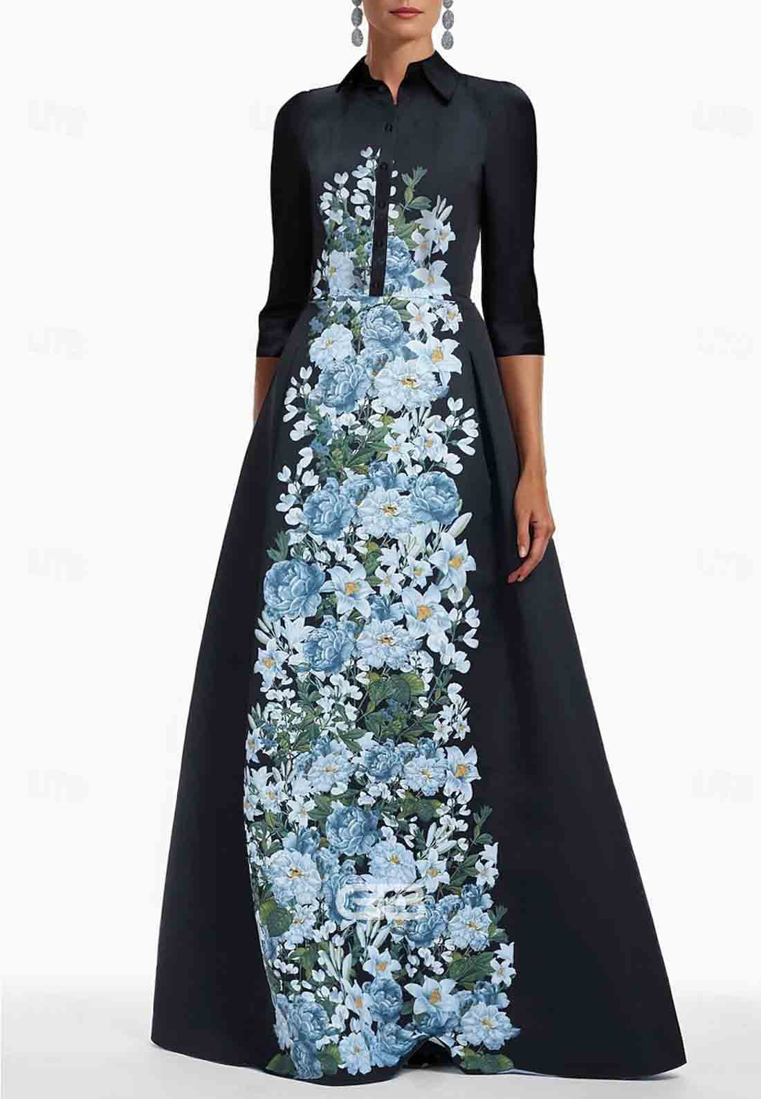Floral Print Satin A-Line Evening Gown Formal Wedding Floor-Length 3/4 Sleeve with Pocket 