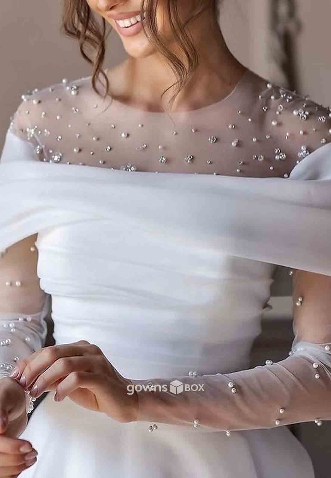 Long Sleeves Sweep Train Satin Pleated Princess Pearls Wedding Dresses-GownsBox