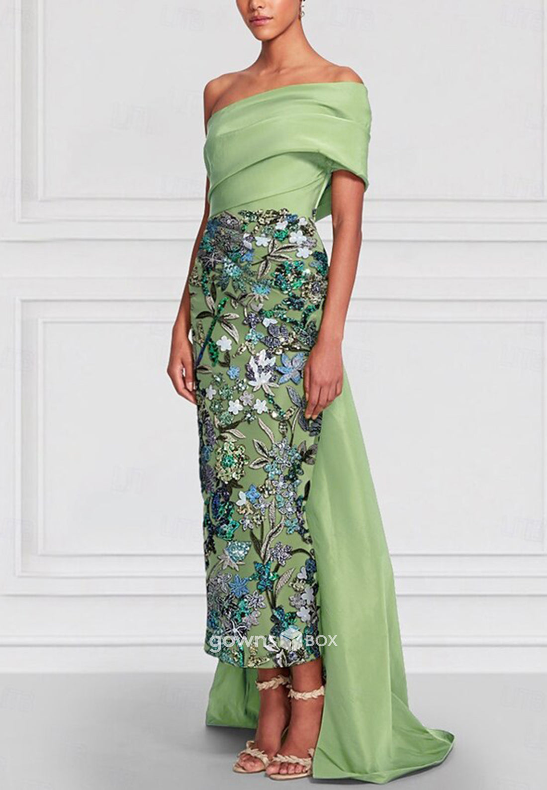 Off-Shoulder Beading Detachable Asymmetrical Pleated Column Mother of the Bride Dresses-GownsBox