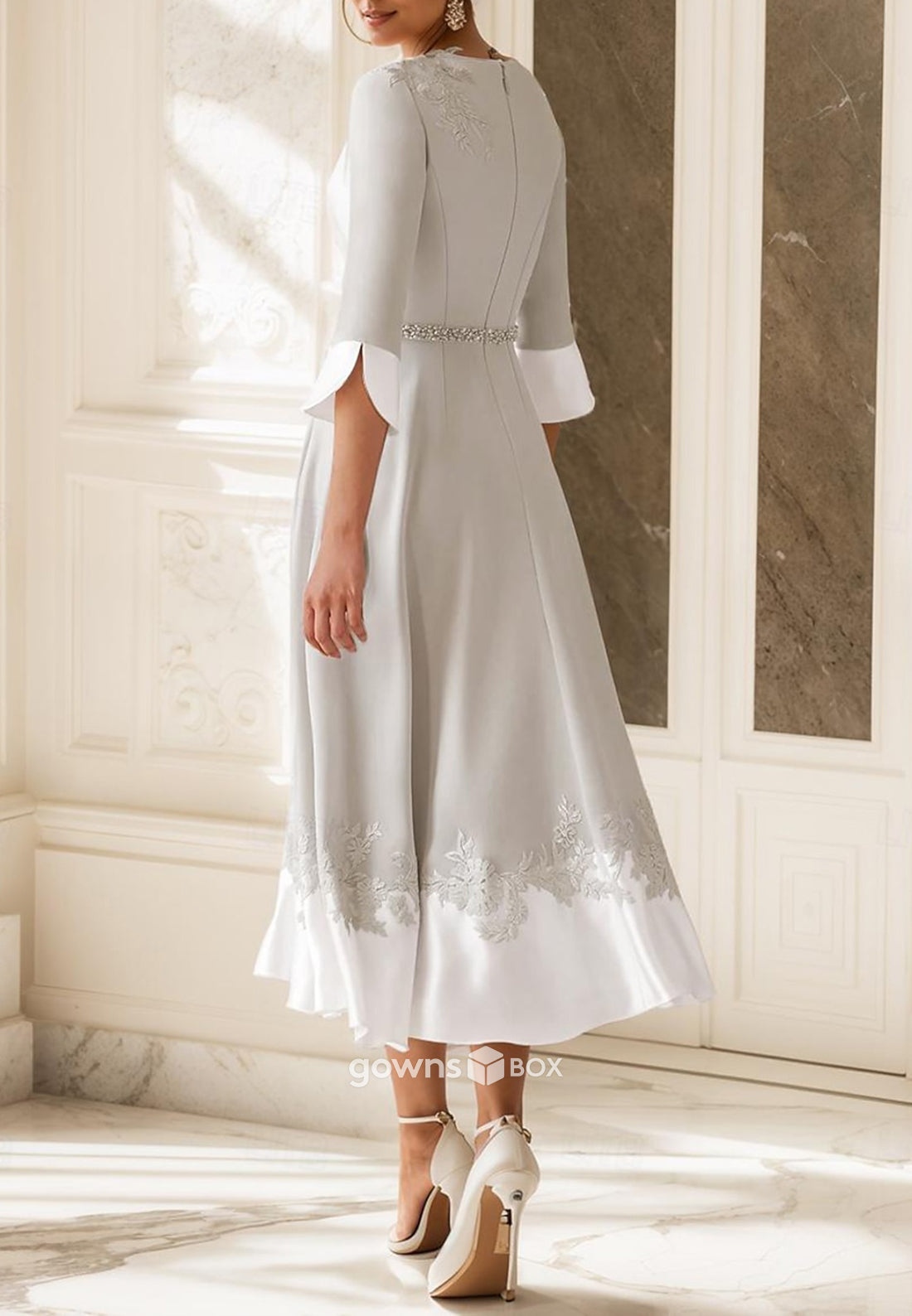 A-Line 3/4 Sleeve Appliques Pleated Tea-Length Flowers Mother of the Bride Dresses-GownsBox