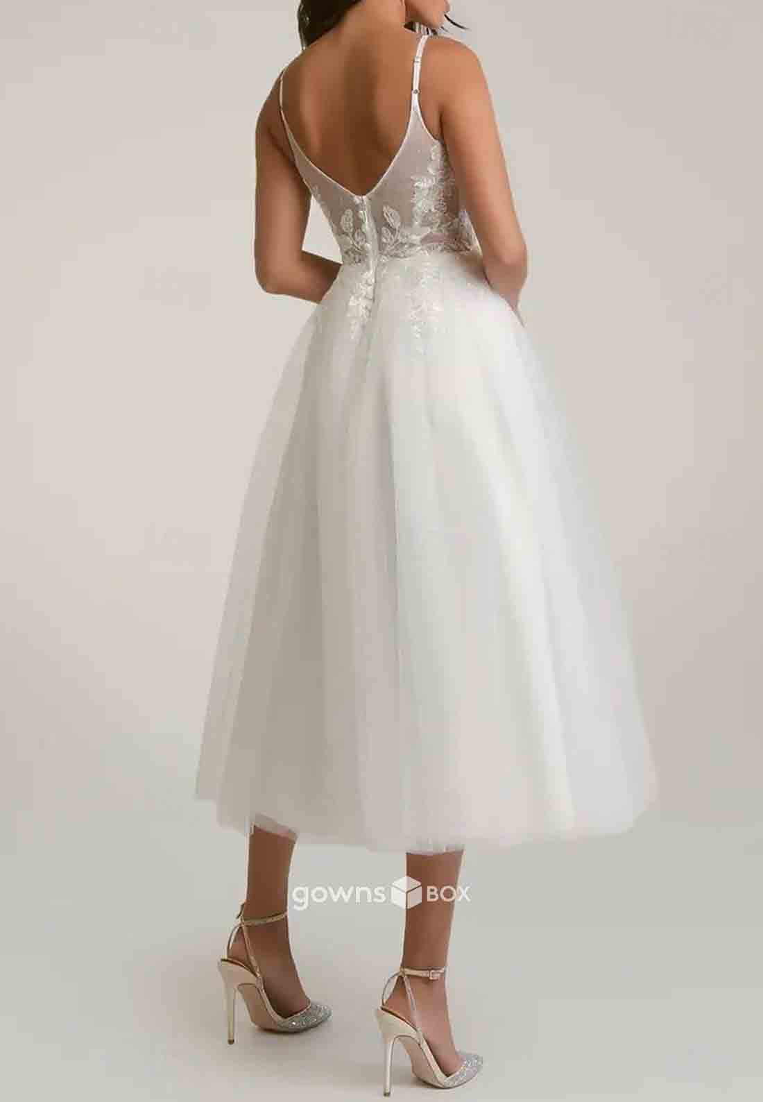 A-Line V Back Tea-Length Embroidery V-Neck Regular Straps Wedding Dresses-GownsBox