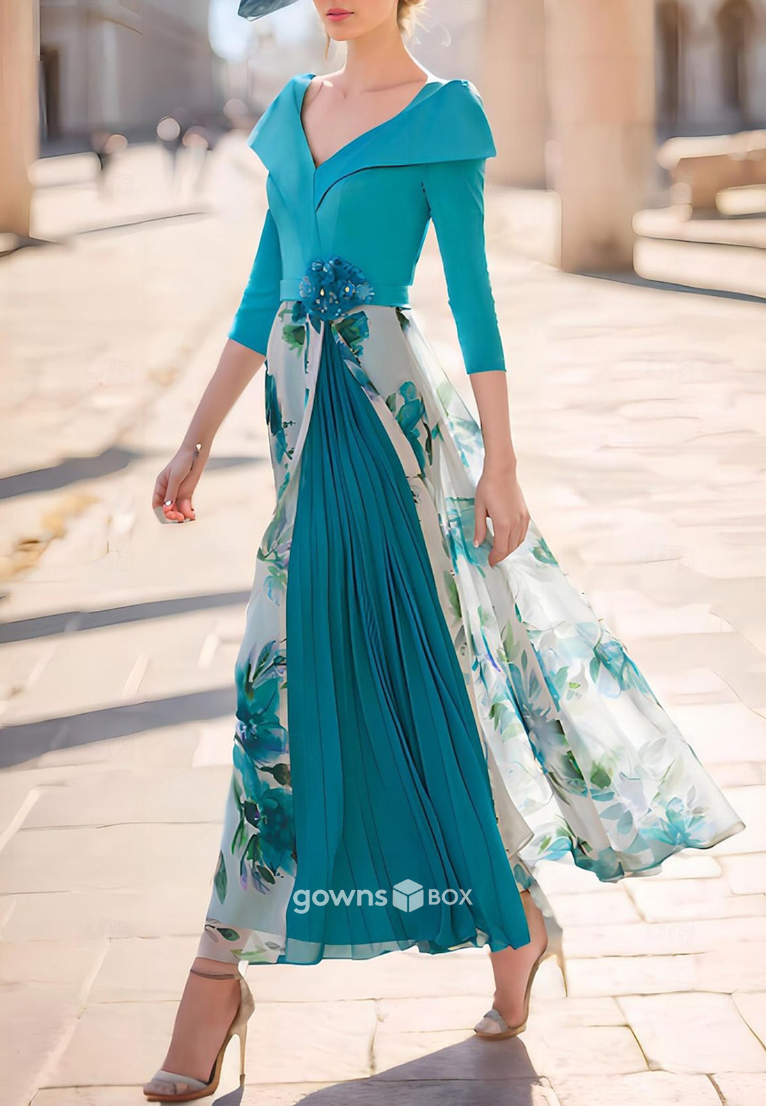 Floral Print V-Neck 3/4 Sleeve Ruched A-Line Ankle-Length Mother of Bride Dresses-GownsBox