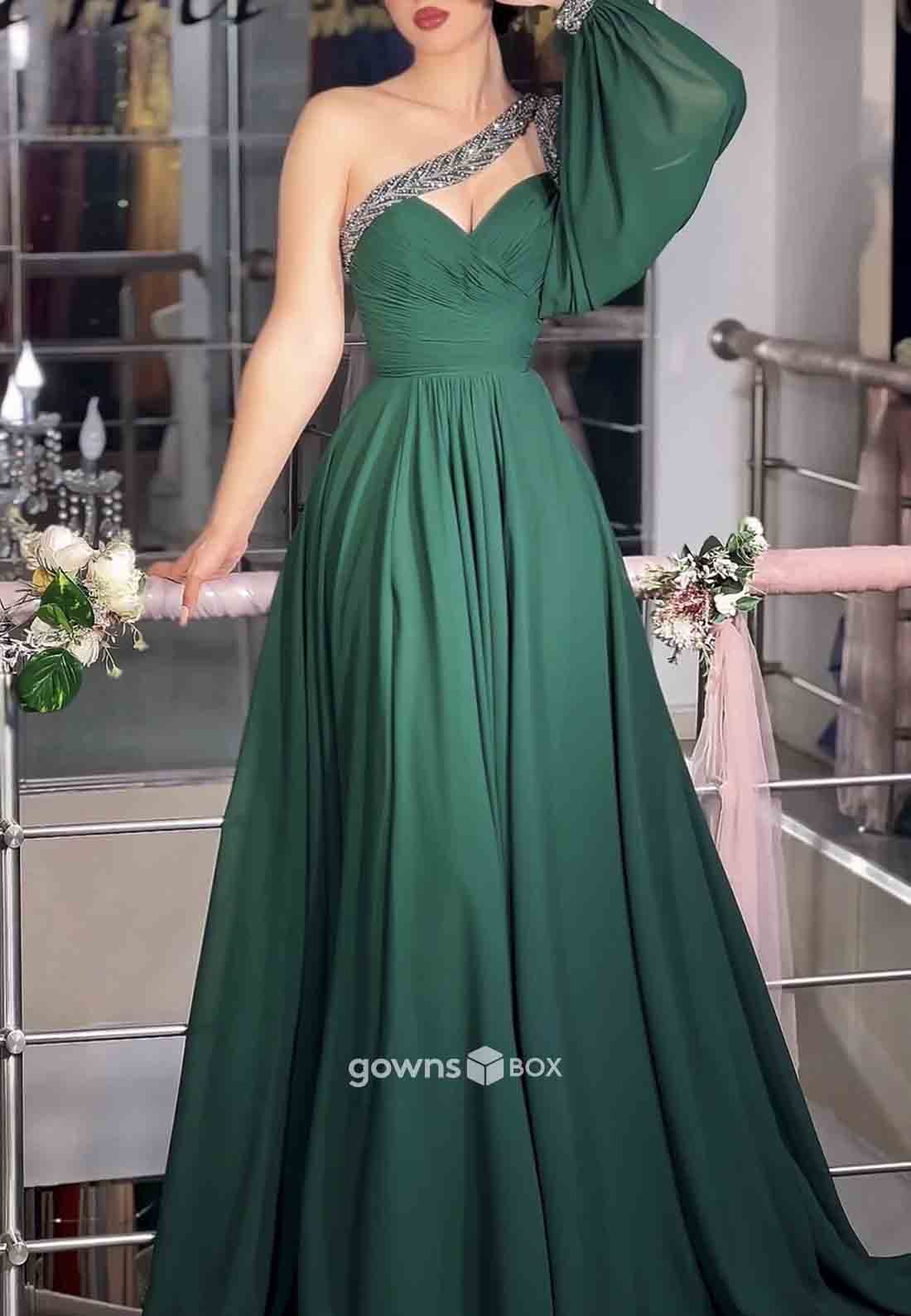 One Shoulder A-Line High Slit Pleated Floor-Length Ruched Formal Gowns-GownsBox