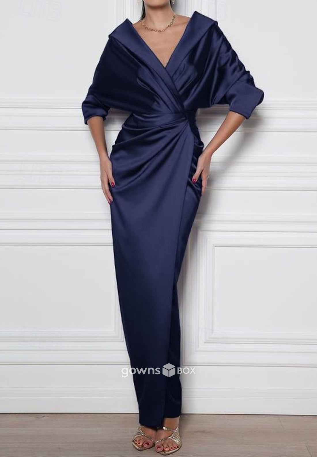 V-Neck Half Sleeves Satin Pleated sheath High Slit Ankle-Length Mother of Bride Dresses-GownsBox