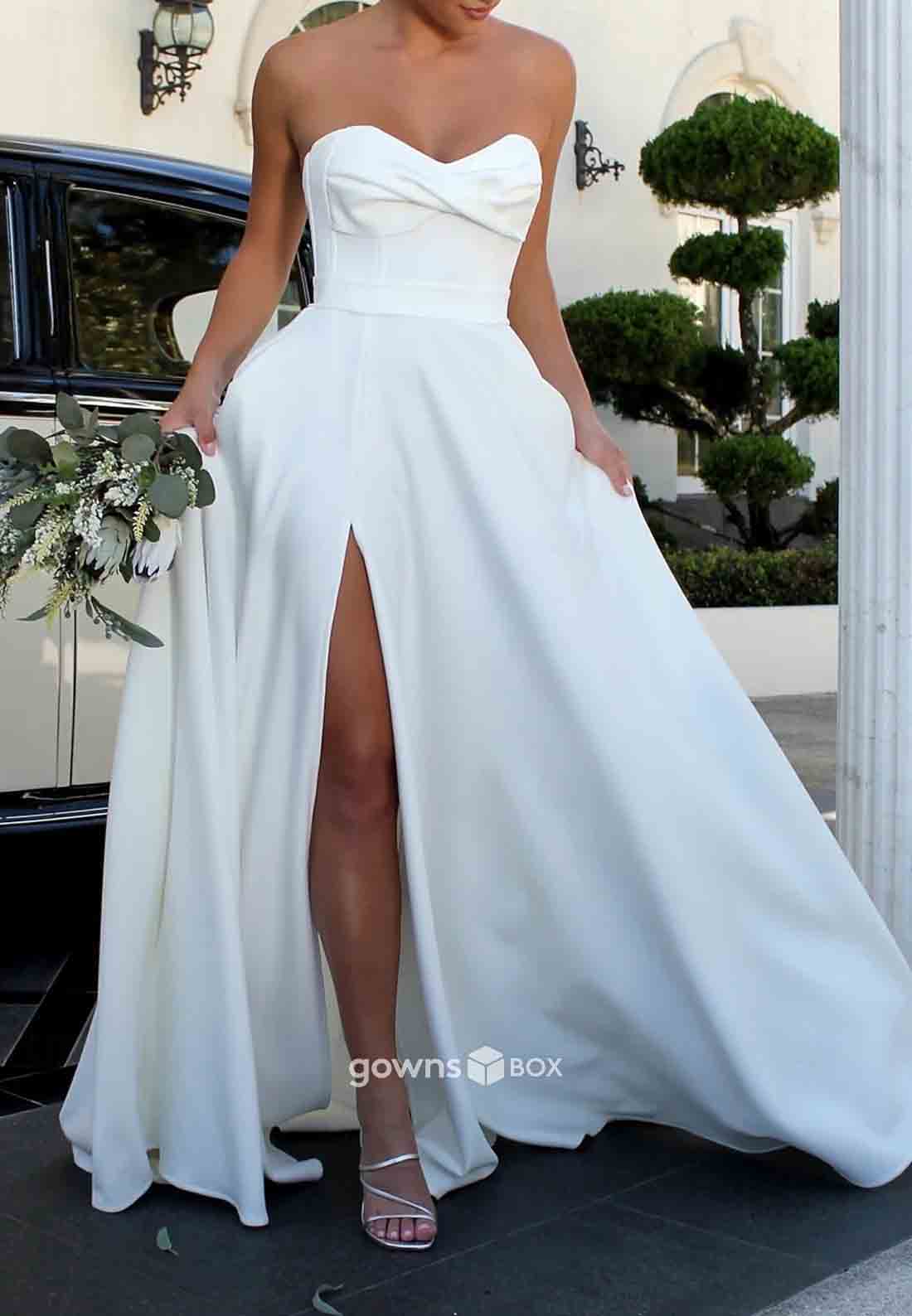 Sweep Train Simple High Slit A-Line Strapless Pleated Bridal Gowns-GownsBox