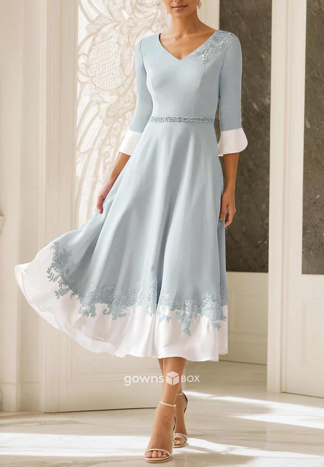 A-Line 3/4 Sleeve Appliques Pleated Tea-Length Flowers Mother of the Bride Dresses-GownsBox