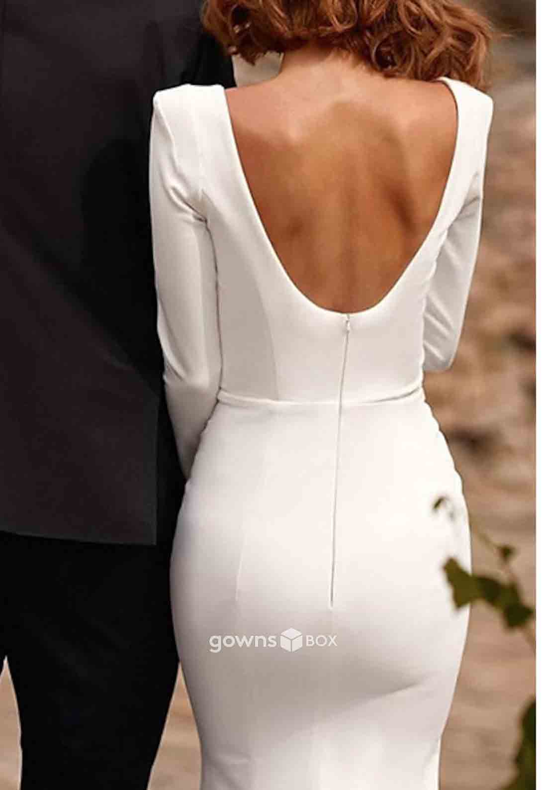 Low Back Square Long Sleeves Pleated Trumpet Court Train Wedding Dresses-GownsBox