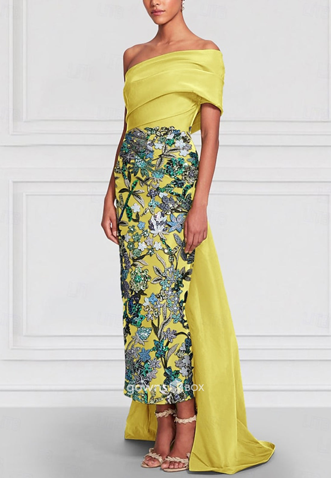 Off-Shoulder Beading Detachable Asymmetrical Pleated Column Mother of the Bride Dresses-GownsBox