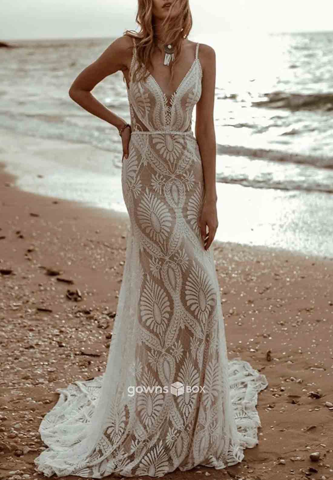 Beach Wedding Vintage Open Back Camisole Sleeveless V Neck Mermaid Wedding Dresses-GownsBox
