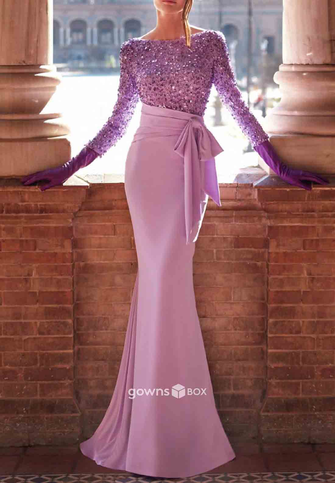 Mermaid Floor-Length Beading Long Sleeves Bowknot Low Back Prom Dresses-GownsBox