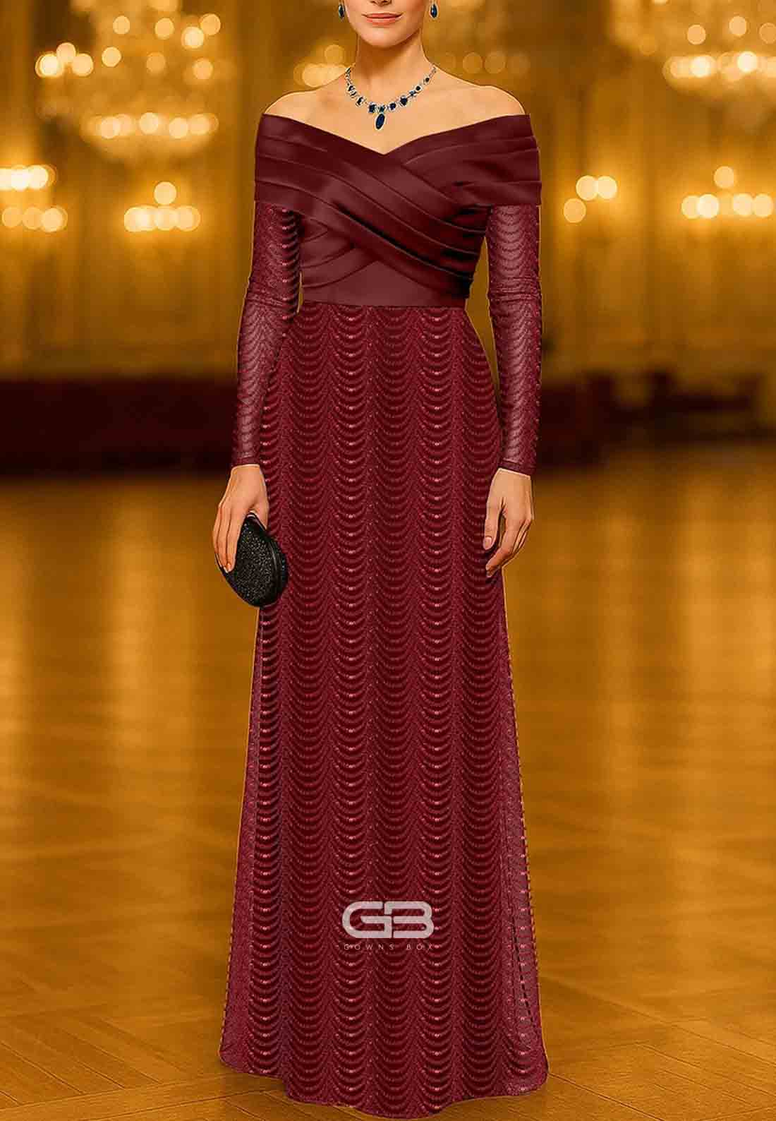Burgundy Long Sleeve Column  Evening Gown