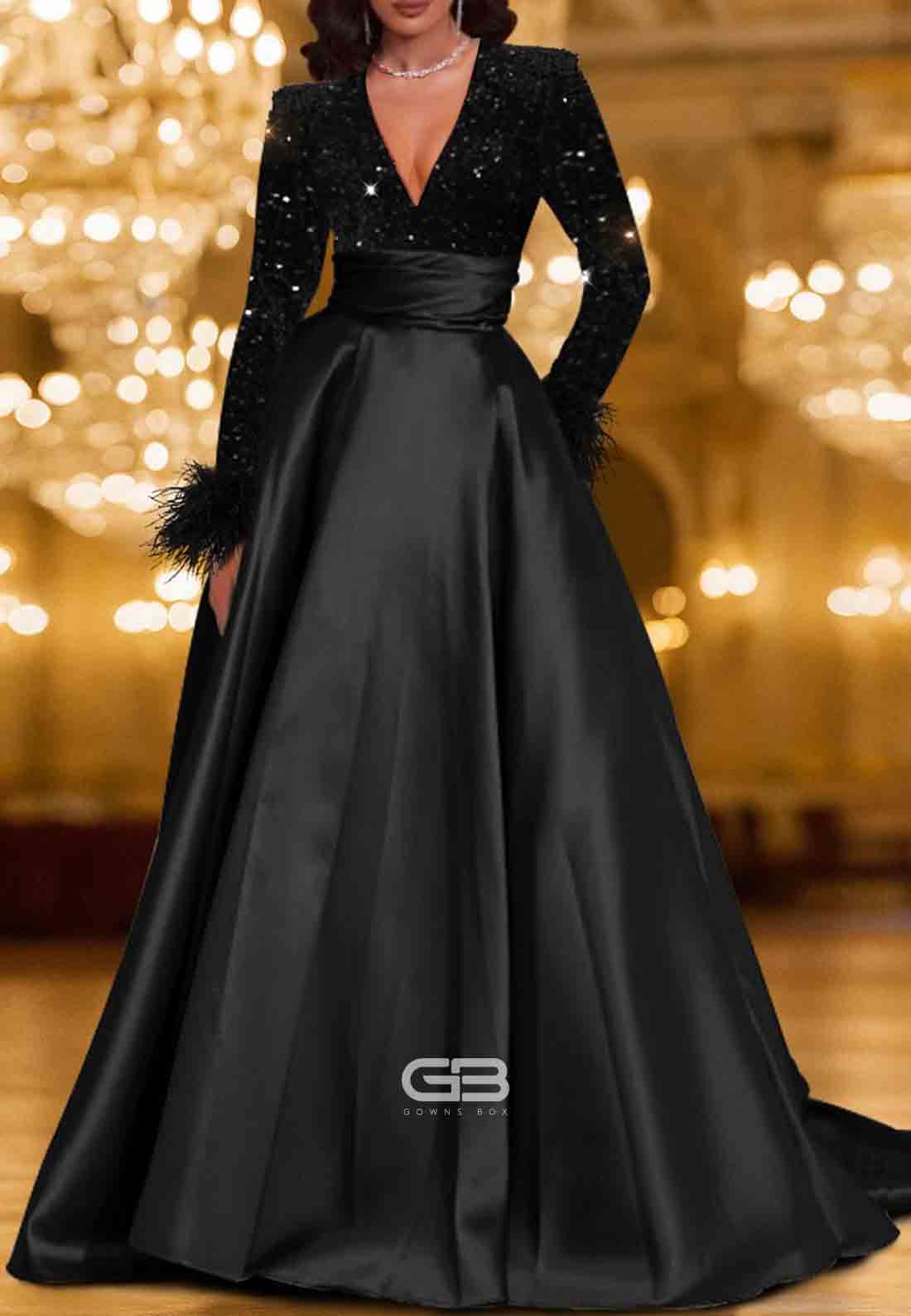 Long Sleeve V Neck A-Line Floor Length Silky Satin Evening Gown with Feather Sequin 