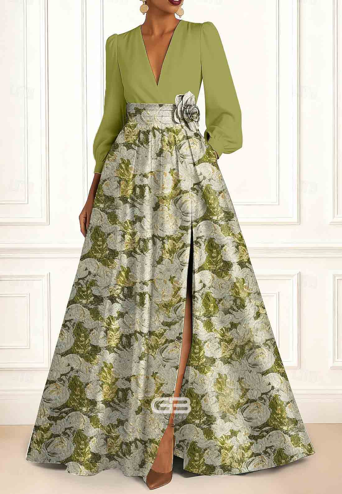 Floral Jacquard Brocade A-Line V-Neck Long Sleeves Satin Evening Gowns with Ruched Slit