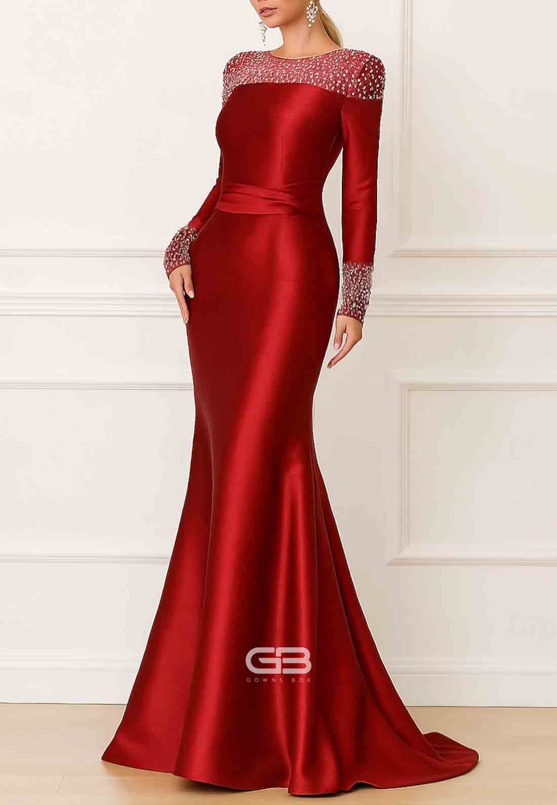Satin Floor-Length Scoop Long Sleeves Mermaid Evening Gowns
