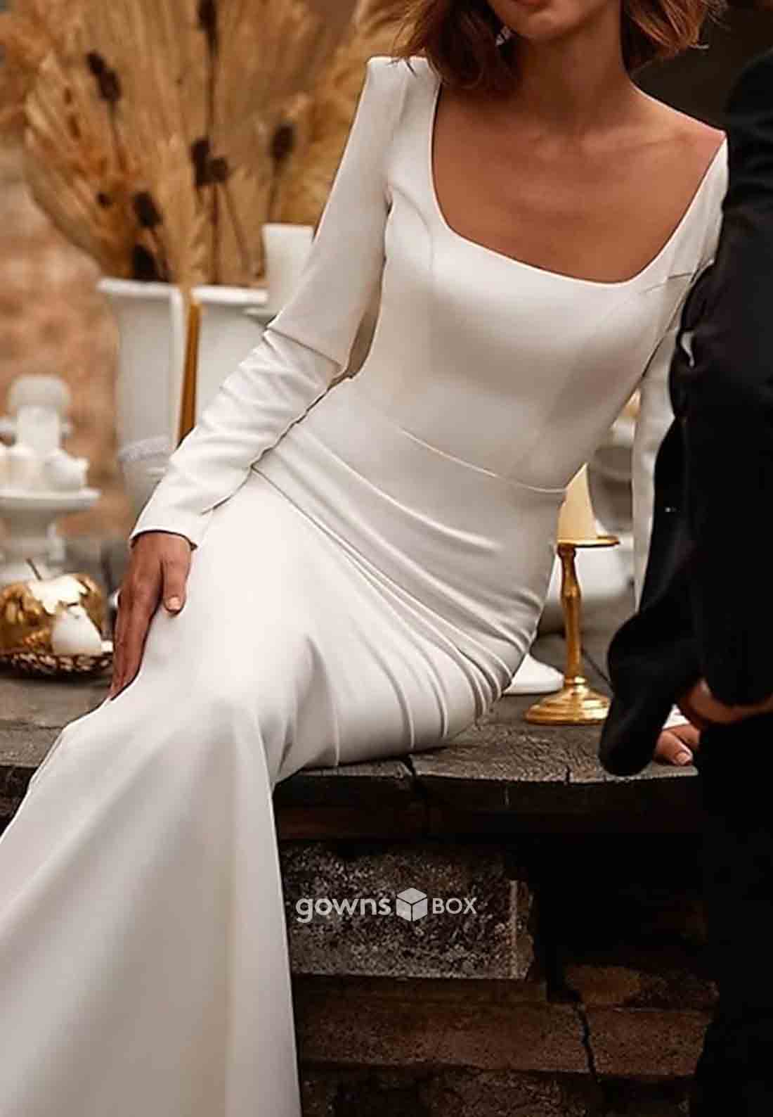 Low Back Square Long Sleeves Pleated Trumpet Court Train Wedding Dresses-GownsBox