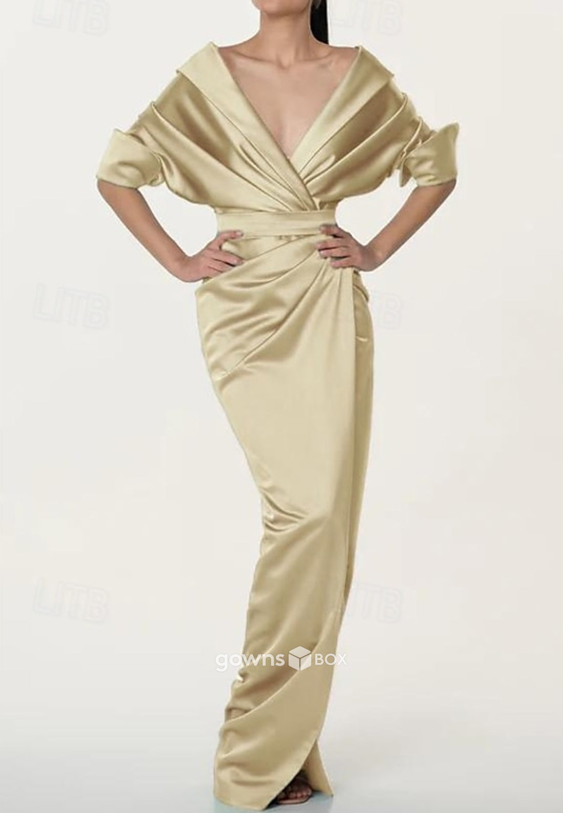 V-Neck Half Sleeves Satin Pleated sheath High Slit Ankle-Length Mother of Bride Dresses-GownsBox
