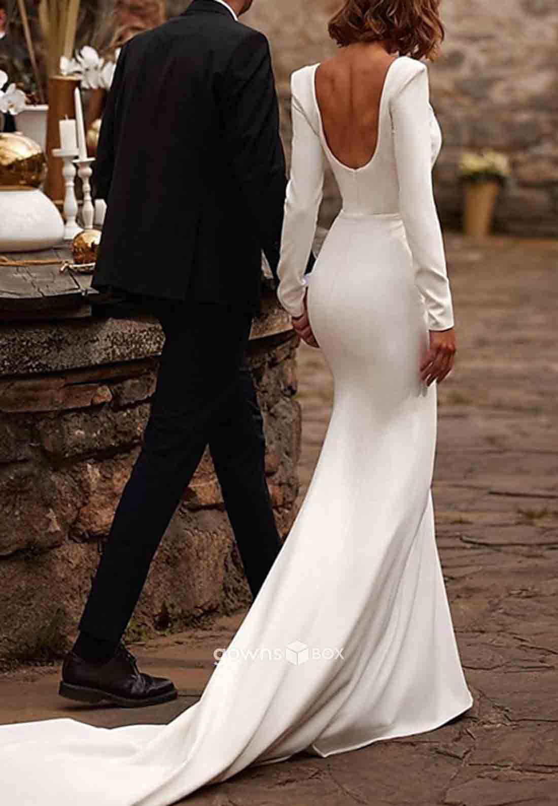 Low Back Square Long Sleeves Pleated Trumpet Court Train Wedding Dresses-GownsBox