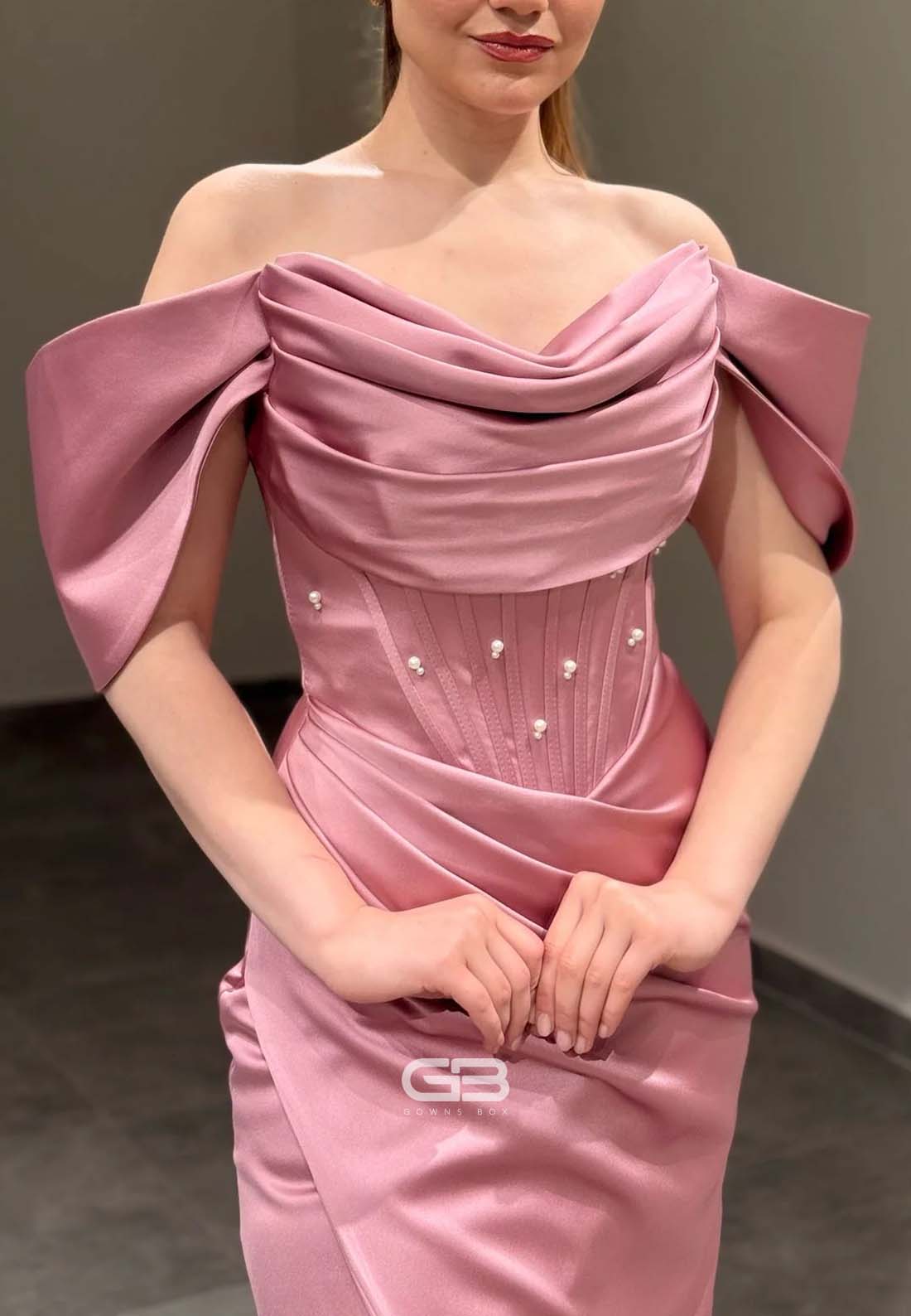 Satin Off the Shoulder Floor-Length Side Slit Trumpet Evening Gowns with Pearls