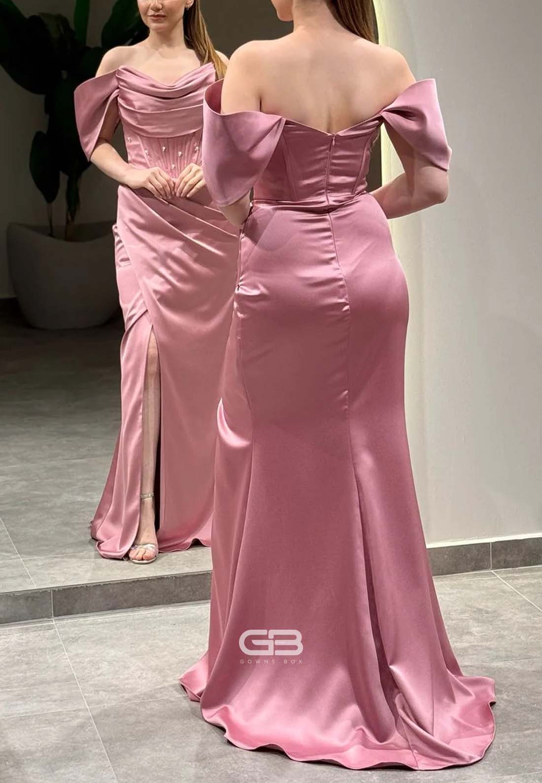 Satin Off the Shoulder Floor-Length Side Slit Trumpet Evening Gowns with Pearls