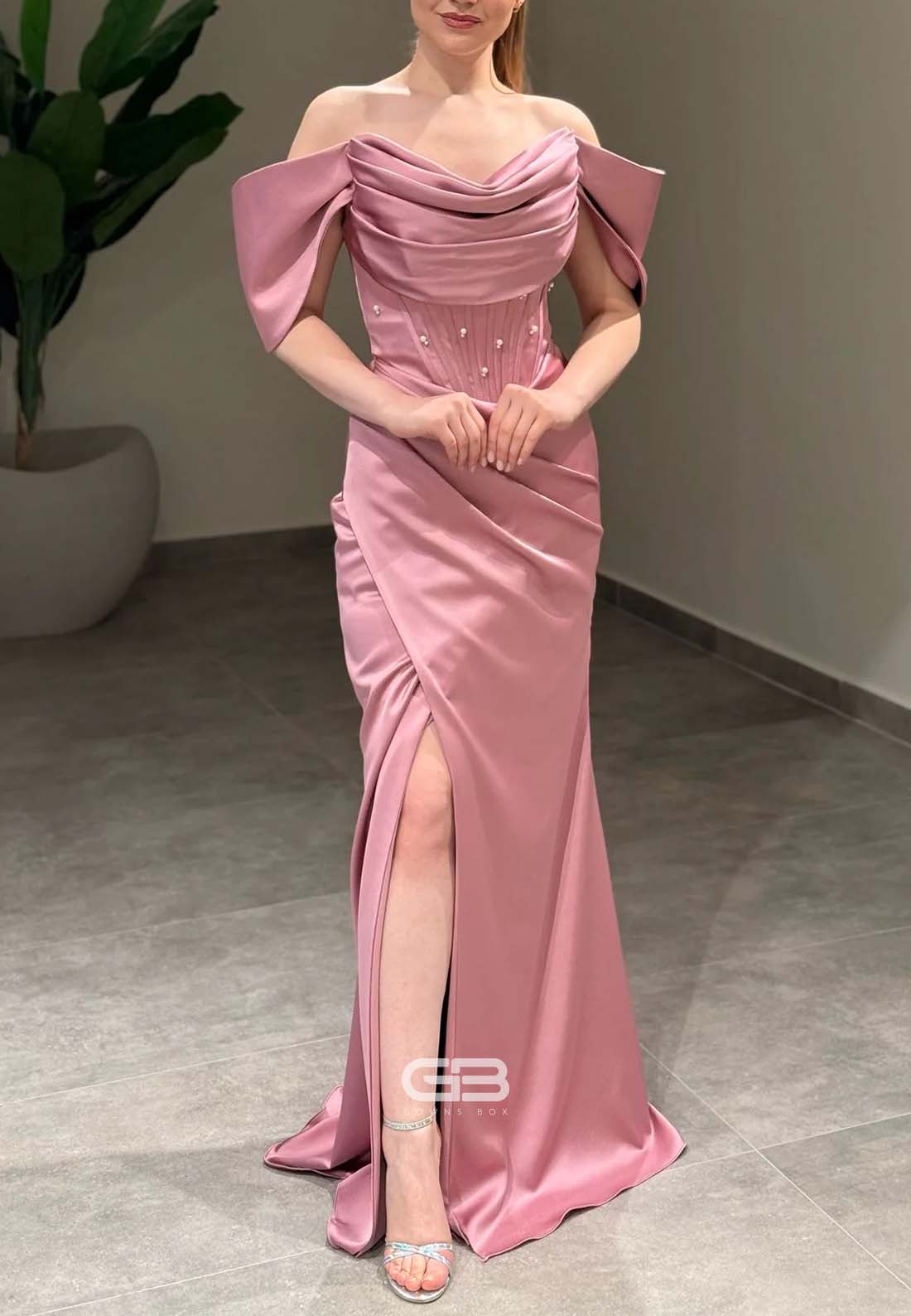 Satin Off the Shoulder Floor-Length Side Slit Trumpet Evening Gowns with Pearls