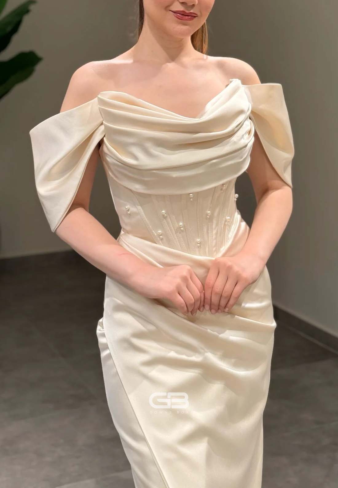 Satin Off the Shoulder Floor-Length Side Slit Trumpet Evening Gowns with Pearls