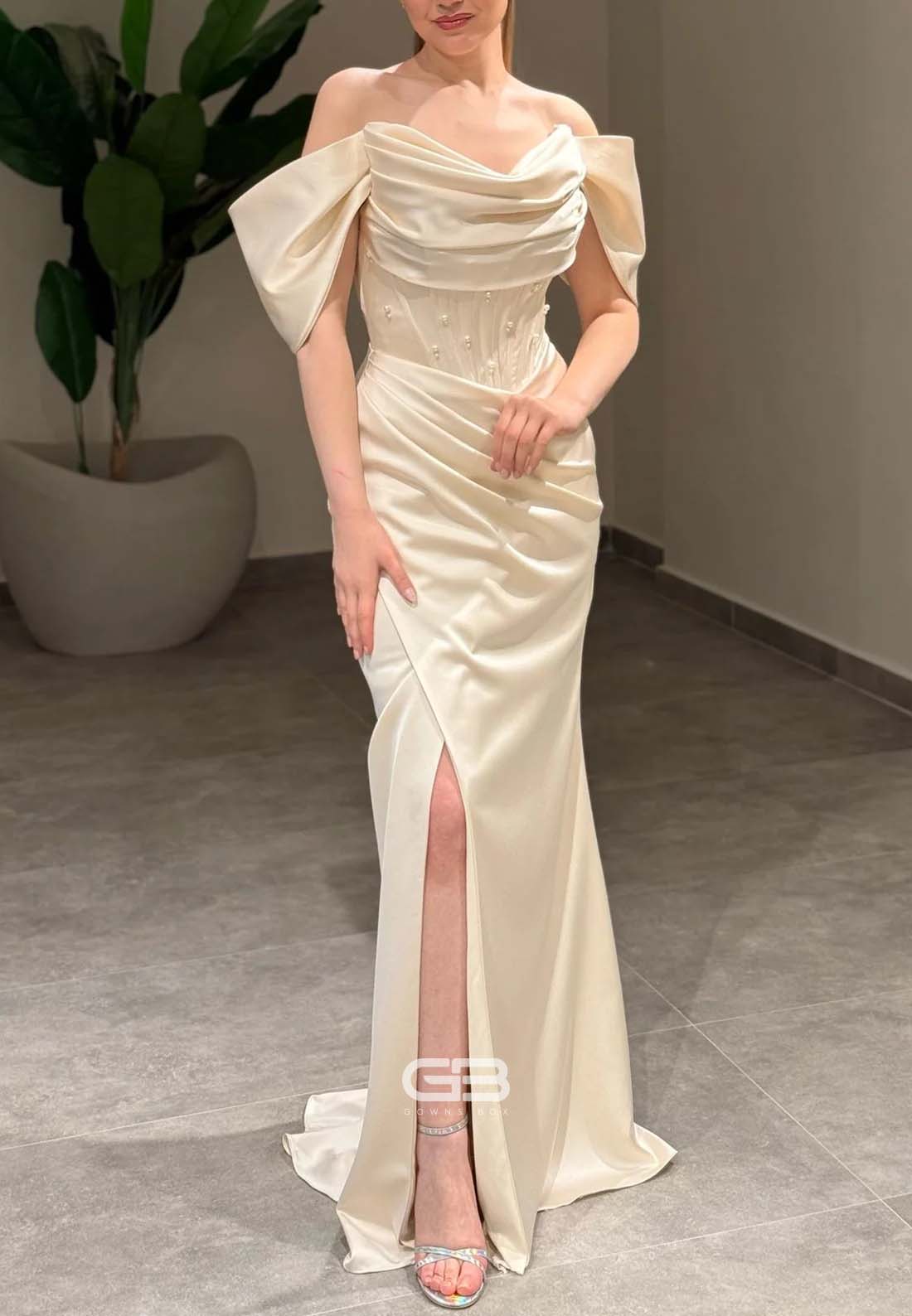 Satin Off the Shoulder Floor-Length Side Slit Trumpet Evening Gowns with Pearls
