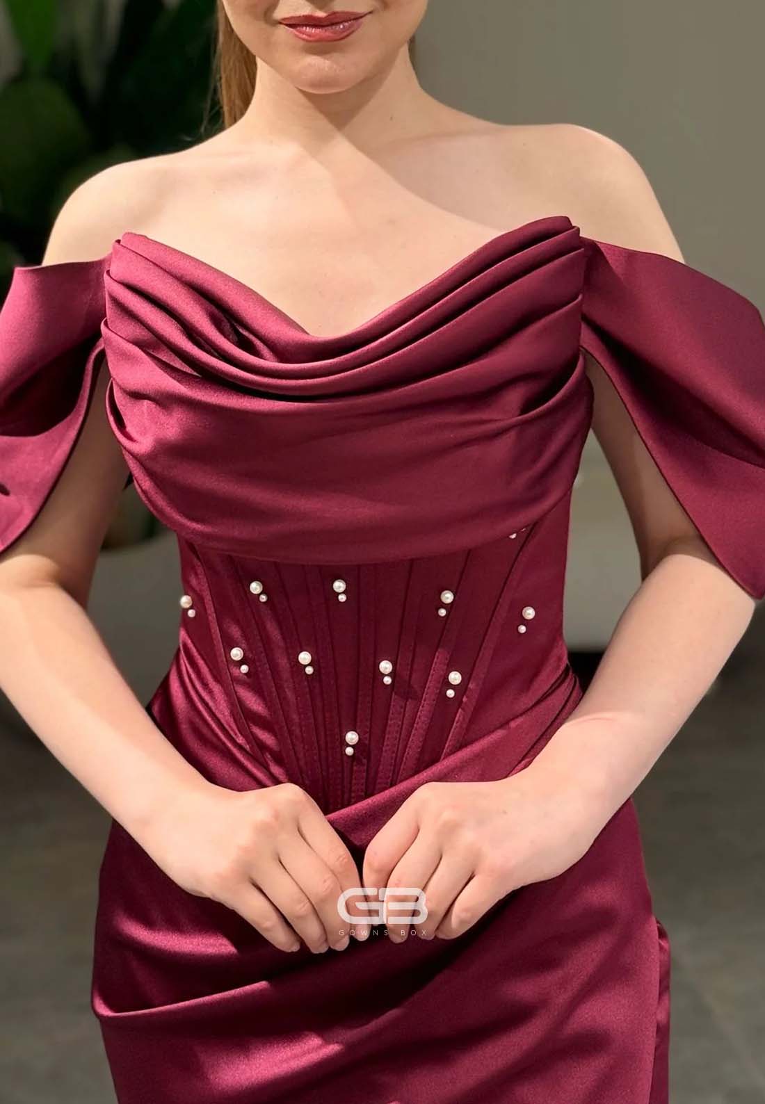 Satin Off the Shoulder Floor-Length Side Slit Trumpet Evening Gowns with Pearls