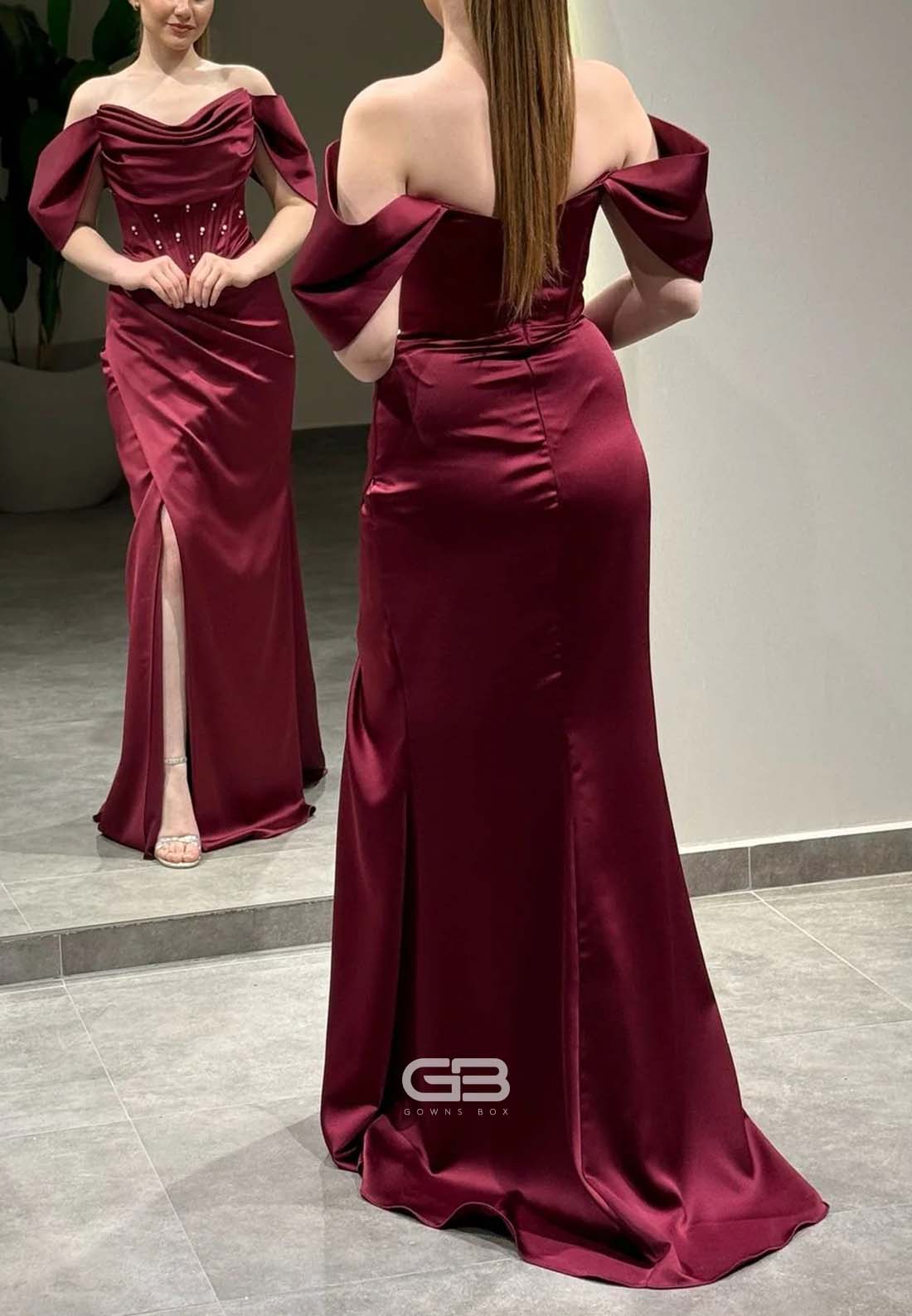 Satin Off the Shoulder Floor-Length Side Slit Trumpet Evening Gowns with Pearls