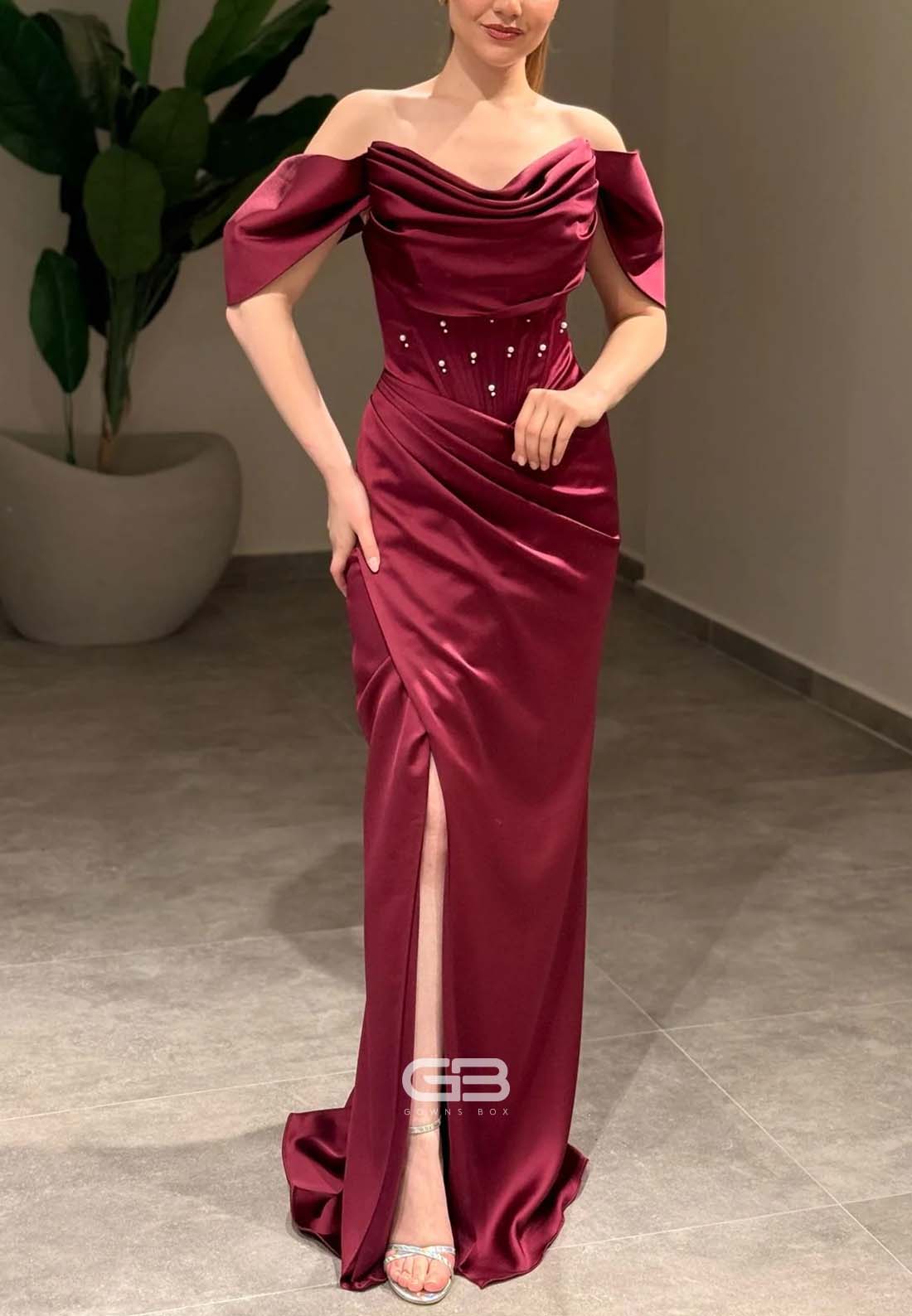 Satin Off the Shoulder Floor-Length Side Slit Trumpet Evening Gowns with Pearls