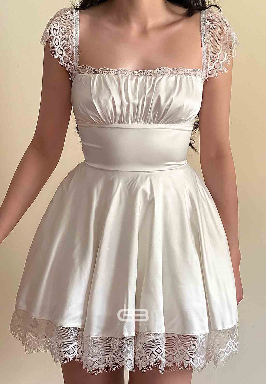 Cap Sleeves Satin A-Line Square Neck Lace Trim Short Homecoming Dresses