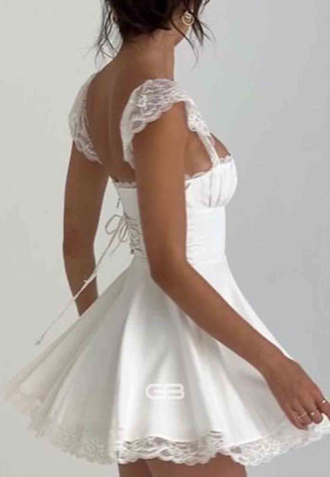 Cap Sleeves Satin A-Line Square Neck Lace Trim Short Homecoming Dresses