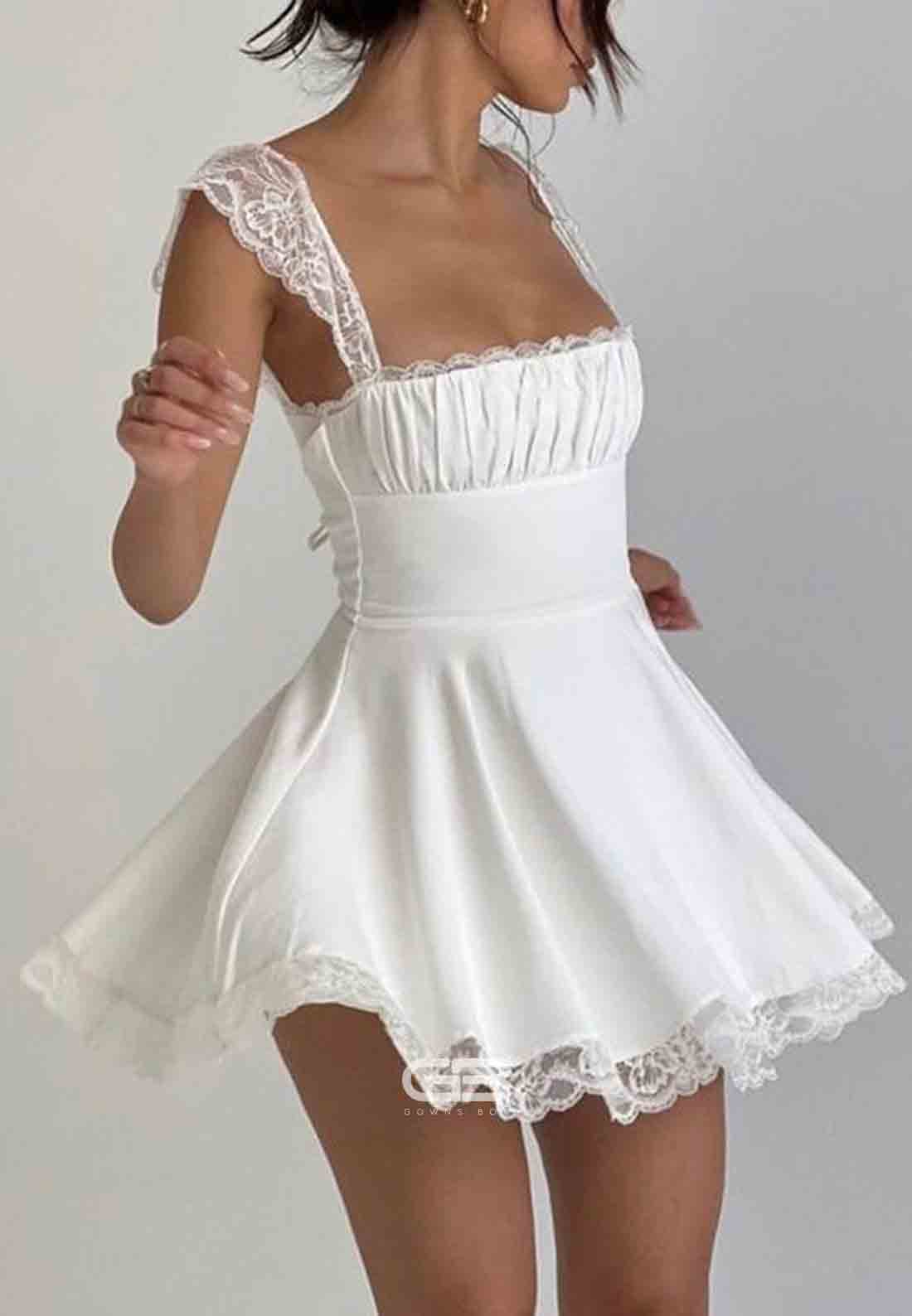 Cap Sleeves Satin A-Line Square Neck Lace Trim Short Homecoming Dresses
