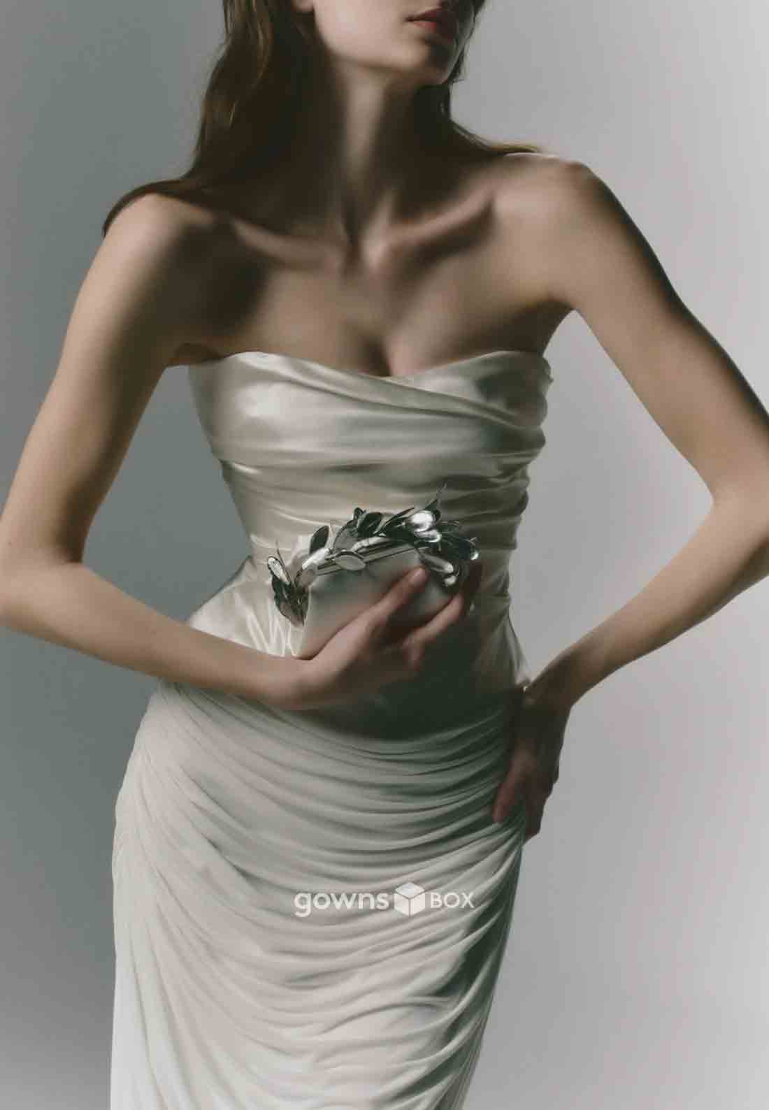 Satin Strapless Pleated Sleeveless Ankle-Length Ruched Sheath Wedding Dresses-GownsBox