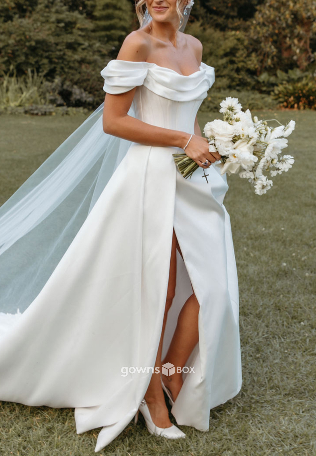 Off the Shoulder High Slit Pleated Satin Court Train A-Line Wedding Dresses