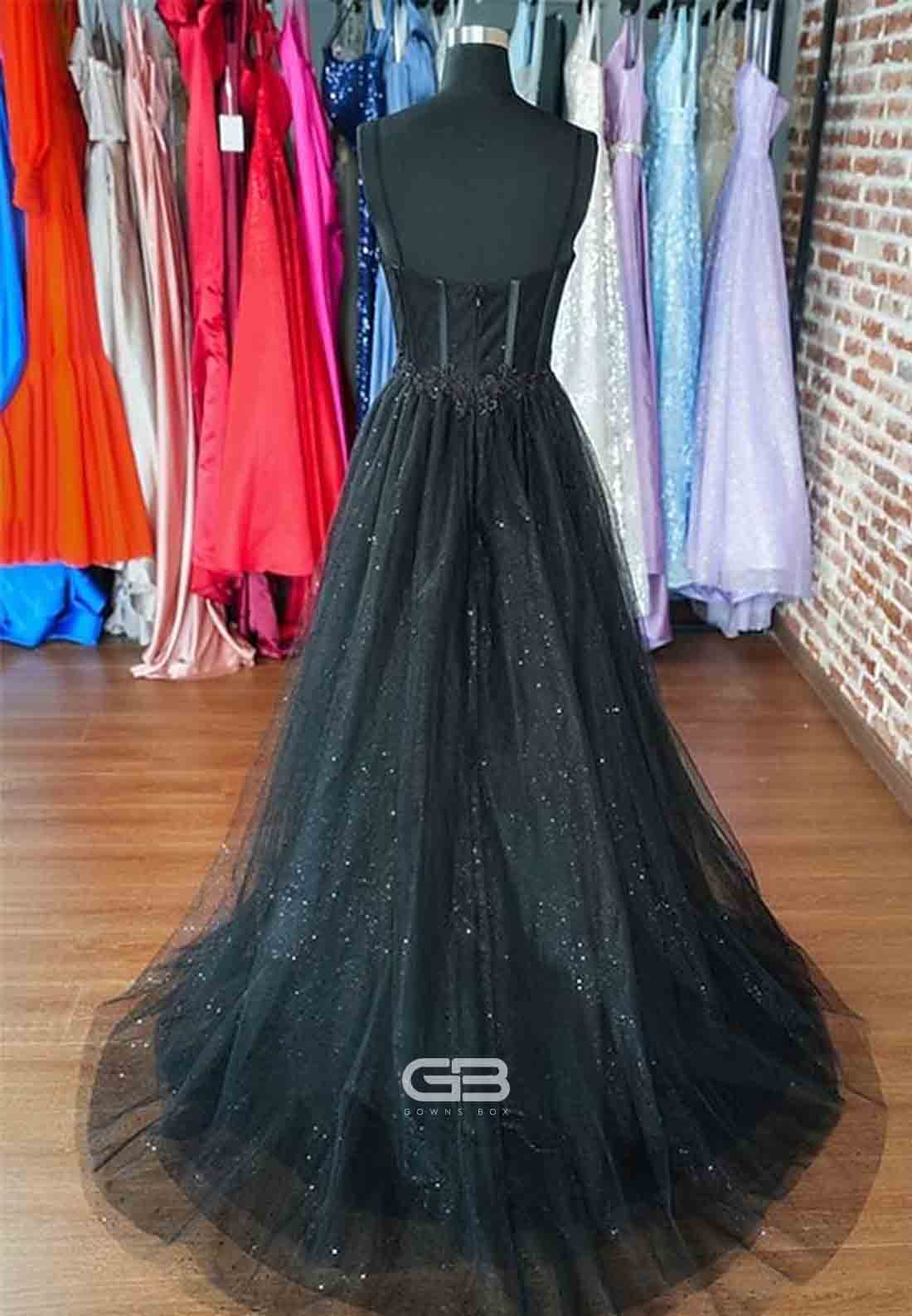 Glitter Low Back Spaghetti Straps Sweep Train A-Line High Slit Prom Dresses 