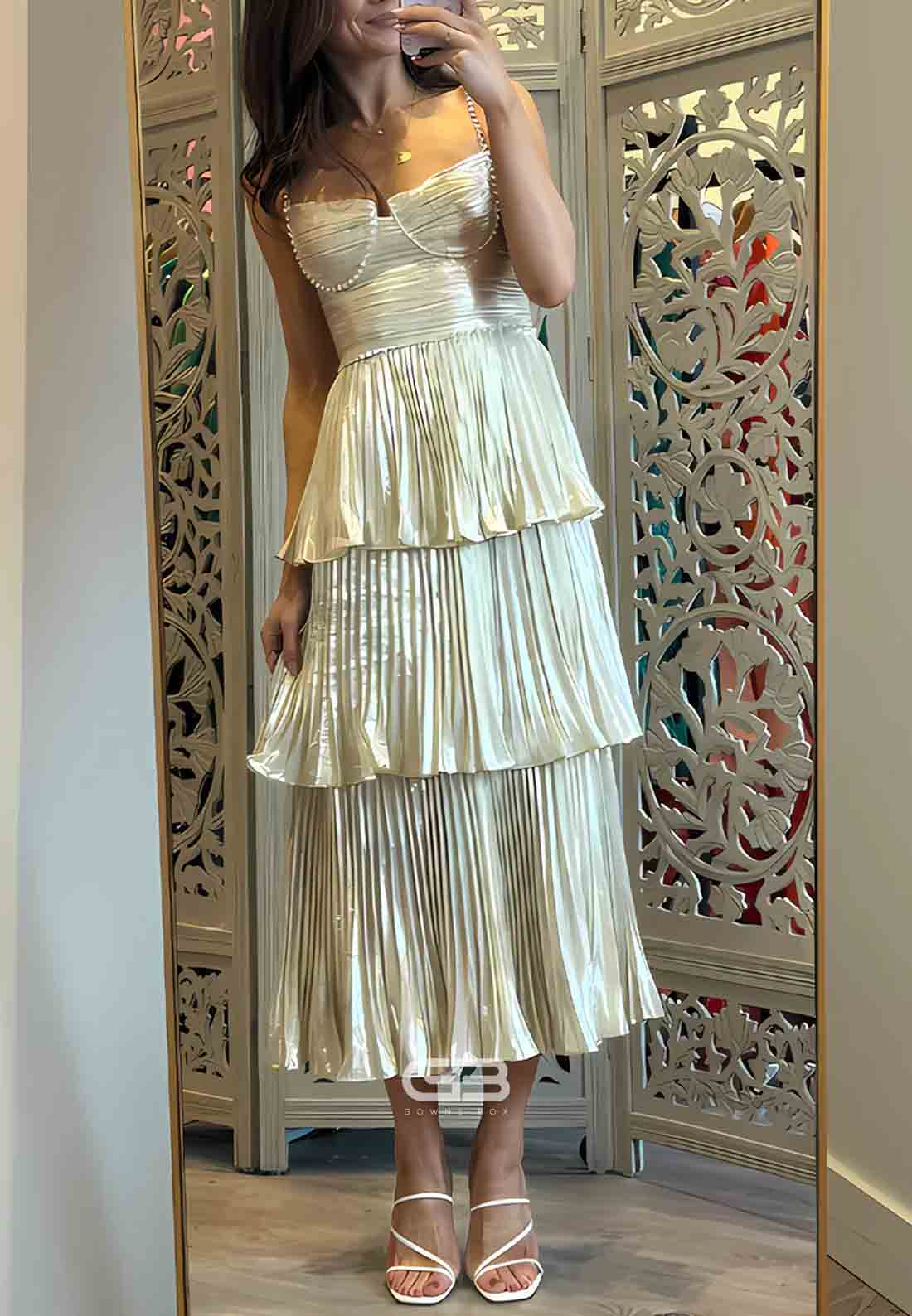 Sparkly A-Line Spaghetti Straps Tea Length Party Dress with Ruffles