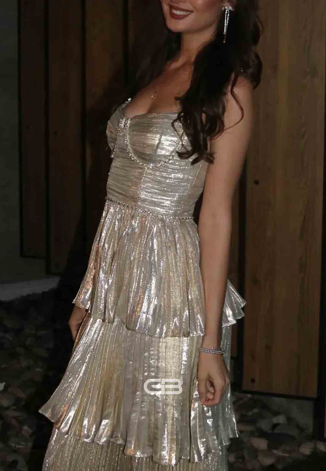 Sparkly A-Line Spaghetti Straps Tea Length Party Dress with Ruffles