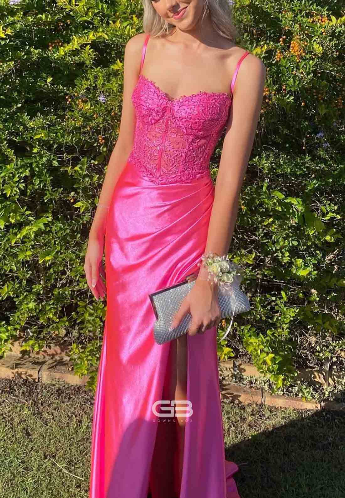 Spaghetti Straps Fuchsia Satin Floor-Length Prom Dresses with Side Slit