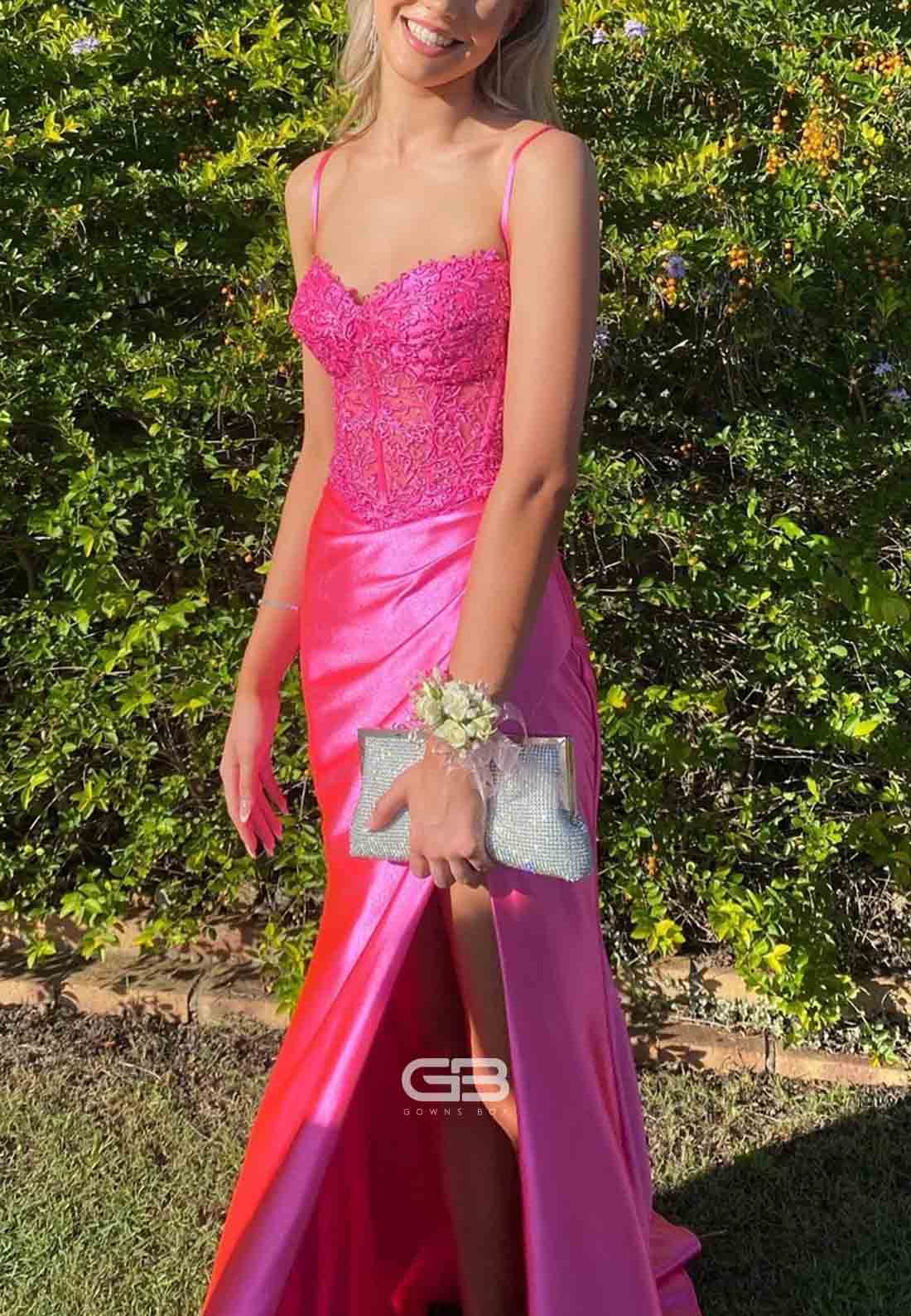 Spaghetti Straps Fuchsia Satin Floor-Length Prom Dresses with Side Slit