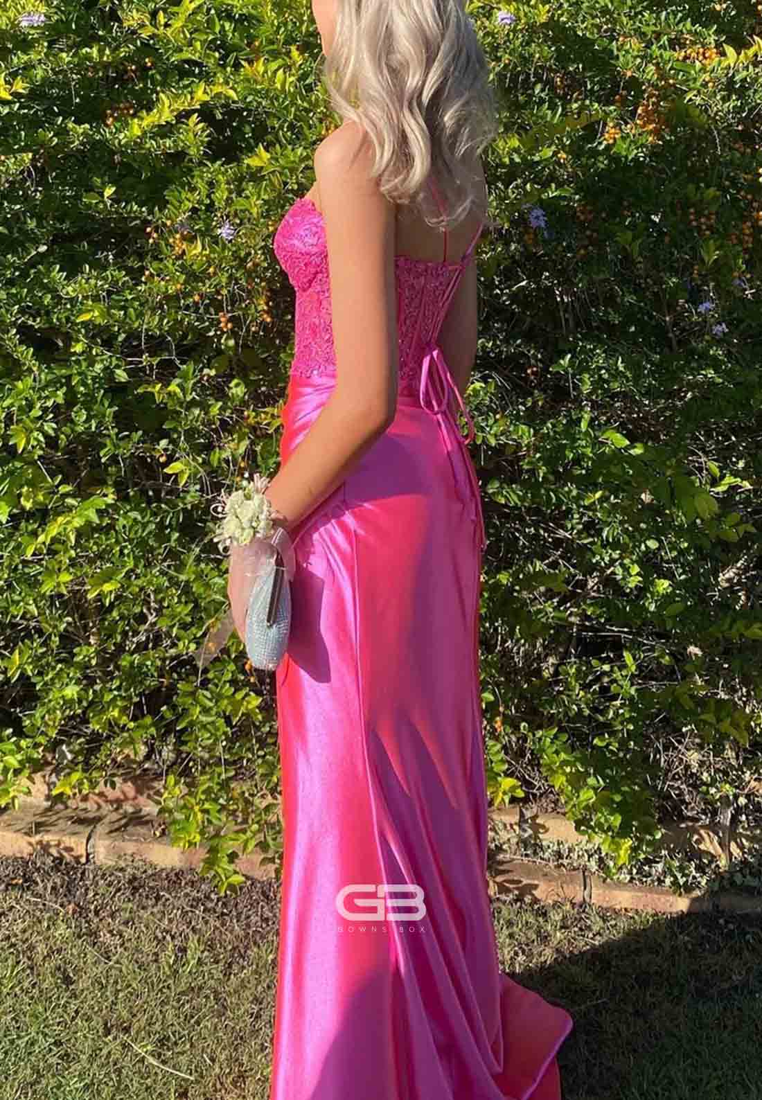 Spaghetti Straps Fuchsia Satin Floor-Length Prom Dresses with Side Slit