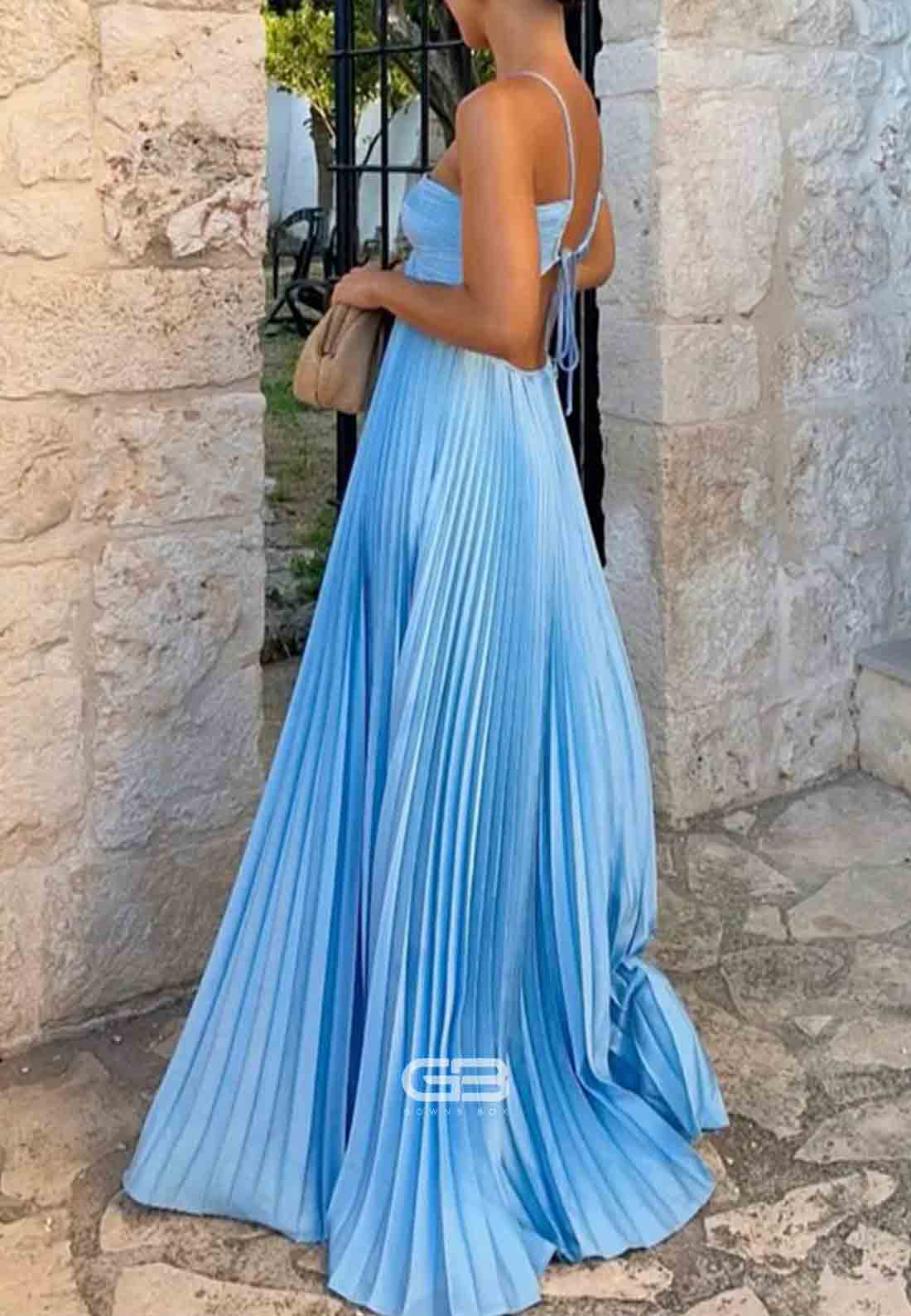 Chic A-Line Halter Neck Blue Floor-Length Long Party Dress with Backless