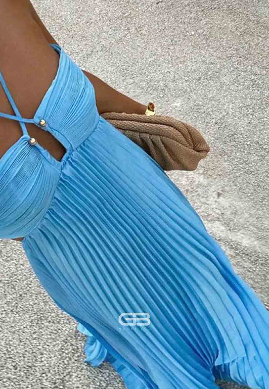 Chic A-Line Halter Neck Blue Floor-Length Long Party Dress with Backless